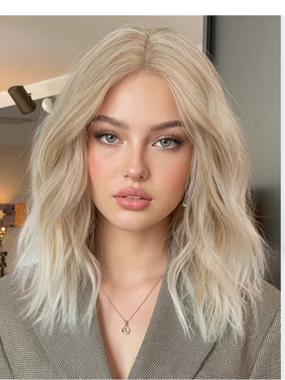 Platinum Blonde human hair virgin hair wig Middle Part Medium-Length, lace front
